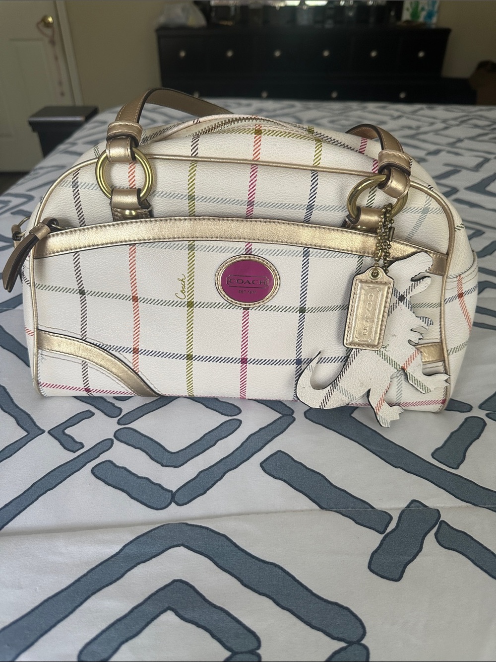 Coach White Satchel with Multicolor Plaid and Gold Trim